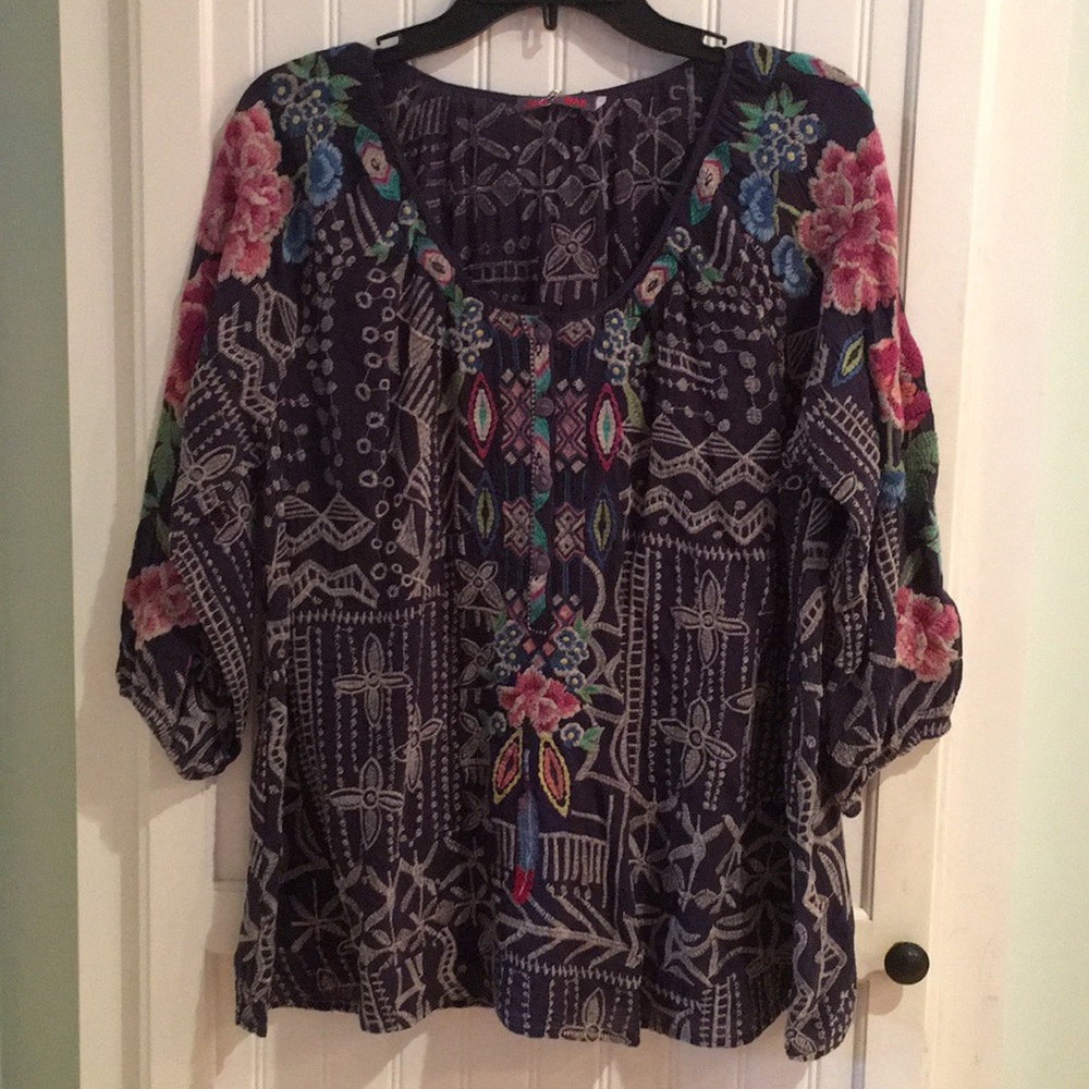 Johnny Was Navy blue embroidered top